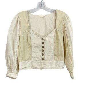 Anthropologie Let Me Be Cream Puff Sleeve Sweetheart Crop Top Buttons - Size XS